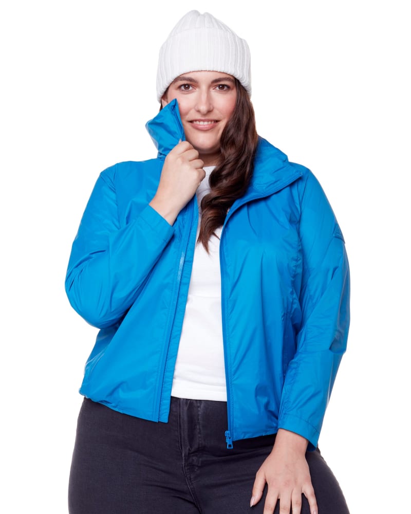 Front of a model wearing a size 3X Ultralight Windshell Jacket in BLUE by Alpine North. | dia_product_style_image_id:279158